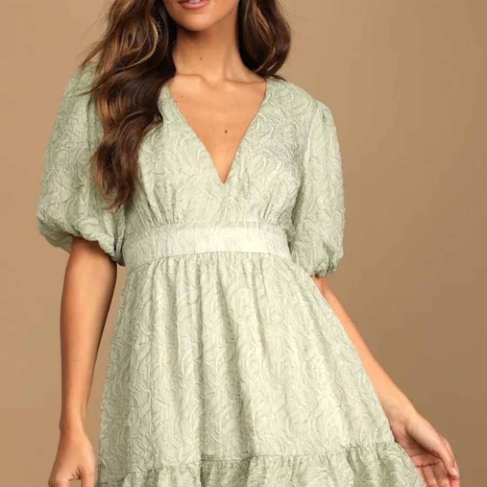 Lulus Sage Waltz Green Textured Puff Sleeve Deep V-Neck Tiered Mini Dress